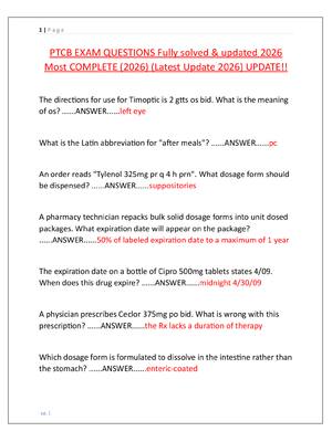 Preview image for PTCB EXAM QUESTIONS Fully solved & updated 2026  Most COMPLETE (2026) (Latest Update 2026) UPDATE!!