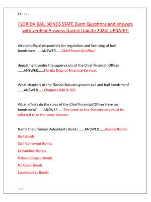 Preview image for FLORIDA BAIL BONDS STATE Exam Questions and answers  with verified Answers (Latest Update 2026) UPDATE!!