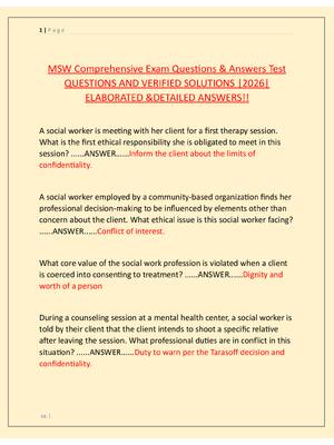 Preview image for MSW Comprehensive Exam Questions & Answers Test  QUESTIONS AND VERIFIED SOLUTIONS |2026|  ELABORATED &DETAILED ANSWERS!!