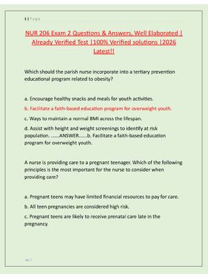 Preview image for NUR 206 Exam 2 Questions & Answers, Well Elaborated |  Already Verified Test |100% Verified solutions |2026  Latest!!