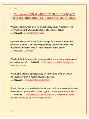 Preview image for PSI Insurance EXAM, MOST TESTED QUESTIONS AND  VERIFIED SOLUTIONS/GET IT 100% ACCURATE!! 2026!!
