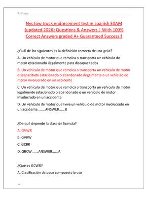 Preview image for Nys tow truck endorsement test in spanish EXAM  (updated 2026) Questions & Answers | With 100%  Correct Answers graded A+ Guaranteed Success!!