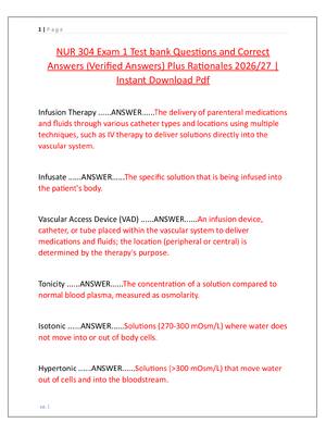 Preview of NUR 304 Exam 1 Test bank Questions and Correct  Answers (Verified Answers) Plus Rationales