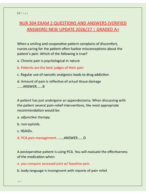 Preview of NUR 304 EXAM 2 QUESTIONS AND ANSWERS (VERIFIED  ANSWERS) NEW UPDATE 2026/27 | GRADED A+