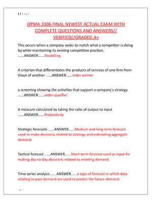 Preview of OPMA 3306 FINAL NEWEST ACTUAL EXAM WITH  COMPLETE QUESTIONS AND ANSWERS//  VERIFIED//GRADE