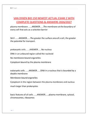 Preview of VAN DYKEN BIO 150 NEWEST ACTUAL EXAM 2 WITH  COMPLETE QUESTIONS & ANSWERS 2026/2027