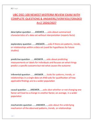 Preview of UBC DSCI 100 NEWEST MIDTERM REVIEW EXAM WITH  COMPLETE QUESTIONS & ANSWERS//VERIFIED//GRAD