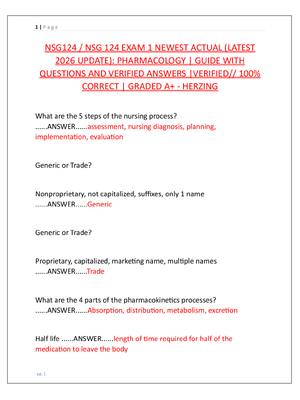 Preview of NSG124 / NSG 124 EXAM 1 NEWEST ACTUAL (LATEST  2026 UPDATE): PHARMACOLOGY | GUIDE WITH  QU