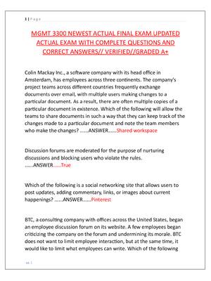Preview image for MGMT 3300 NEWEST ACTUAL FINAL EXAM UPDATED  ACTUAL EXAM WITH COMPLETE QUESTIONS AND  CORRECT ANSWERS// VERIFIED//GRADED A+