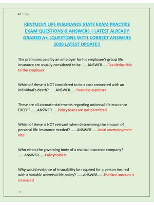 Preview image for KENTUCKY LIFE INSURANCE STATE EXAM PRACTICE  EXAM QUESTIONS & ANSWERS | LATEST ALREADY  GRADED A+ |QUESTIONS WITH CORRECT ANSWERS  2026 LATEST UPDATE!!