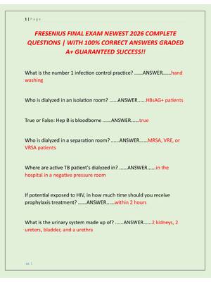 Preview of FRESENIUS FINAL EXAM NEWEST 2026 COMPLETE  QUESTIONS | WITH 100% CORRECT ANSWERS GRADED  A