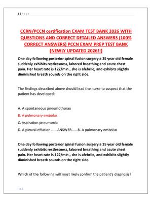 Preview of CCRN/PCCN certification EXAM TEST BANK 2026 WITH  QUESTIONS AND CORRECT DETAILED ANSWERS (