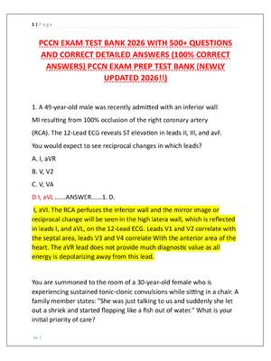 Preview of PCCN EXAM TEST BANK 2026 WITH 500+ QUESTIONS  AND CORRECT DETAILED ANSWERS (100% CORRECT