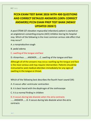 Preview image for PCCN EXAM TEST BANK 2026 WITH 400 QUESTIONS  AND CORRECT DETAILED ANSWERS (100% CORRECT  ANSWERS) PCCN EXAM PREP TEST BANK (NEWLY  UPDATED 2026!!)