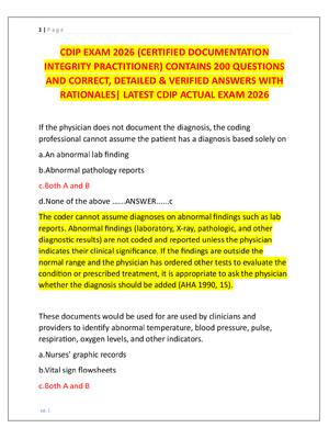 Preview image for CDIP EXAM 2026 (CERTIFIED DOCUMENTATION  INTEGRITY PRACTITIONER) CONTAINS 200 QUESTIONS  AND CORRECT, DETAILED & VERIFIED ANSWERS WITH  RATIONALES| LATEST CDIP ACTUAL EXAM 2026