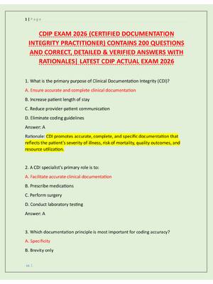 Preview image for CDIP EXAM 2026 (CERTIFIED DOCUMENTATION  INTEGRITY PRACTITIONER) CONTAINS 200 QUESTIONS  AND CORRECT, DETAILED & VERIFIED ANSWERS WITH  RATIONALES| LATEST CDIP ACTUAL EXAM 2026