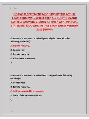 Preview image for FINANCIAL STATEMENT MODELING RETAKE ACTUAL  EXAM FROM WALL STREET PREP ALL QUESTIONS AND  CORRECT ANSWERS GRADED A+ 2026/ WSP FINANCIAL  STATEMENT MODELING RETAKE EXAM LATEST VERSION  2026 (NEW!!)