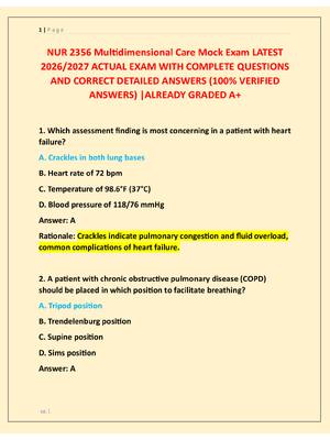 Preview image for NUR 2356 Multidimensional Care Mock Exam LATEST  2026/2027 ACTUAL EXAM WITH COMPLETE QUESTIONS  AND CORRECT DETAILED ANSWERS (100% VERIFIED  ANSWERS) |ALREADY GRADED A+