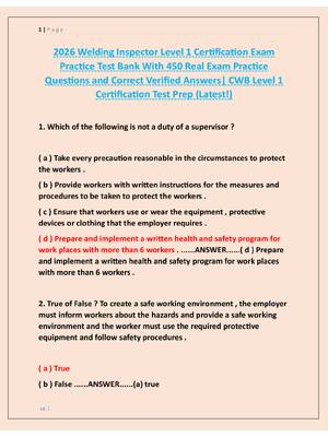 Preview image for 2026 Welding Inspector Level 1 Certification Exam  Practice Test Bank With 450 Real Exam Practice  Questions and Correct Verified Answers| CWB Level 1  Certification Test Prep (Latest!)
