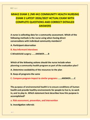 Preview image for NR442 EXAM 2 /NR 442 COMMUNITY HEALTH NURSING  EXAM 2 LATEST 2026/2027 ACTUAL EXAM WITH  COMPLETE QUESTIONS AND CORRECT DETAILED  ANSWERS