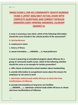 Preview image for NR442 EXAM 2 /NR 442 COMMUNITY HEALTH NURSING  EXAM 2 LATEST 2026/2027 ACTUAL EXAM WITH  COMPLETE QUESTIONS AND CORRECT DETAILED  ANSWERS (100% VERIFIED ANSWERS) |ALREADY  GRADED A+