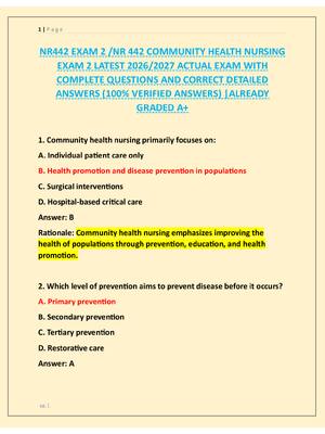 Preview image for NR442 EXAM 2 /NR 442 COMMUNITY HEALTH NURSING  EXAM 2 LATEST 2026/2027 ACTUAL EXAM WITH  COMPLETE QUESTIONS AND CORRECT DETAILED  ANSWERS (100% VERIFIED ANSWERS) |ALREADY  GRADED A+