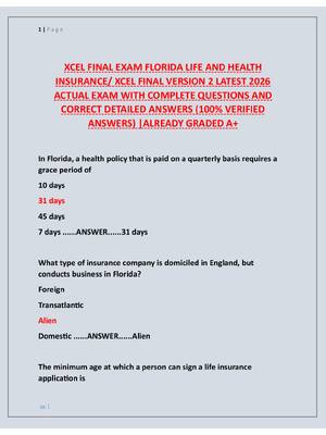 Preview of XCEL FINAL EXAM FLORIDA LIFE AND HEALTH  INSURANCE/ XCEL FINAL VERSION 2 LATEST 2026  ACTU