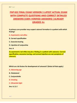 Preview of FNP 652 FINAL EXAM VERSION 3 LATEST ACTUAL EXAM  WITH COMPLETE QUESTIONS AND CORRECT DETAI