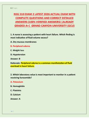 Preview of NSG 310 EXAM 2 LATEST 2026 ACTUAL EXAM WITH  COMPLETE QUESTIONS AND CORRECT DETAILED  ANSW