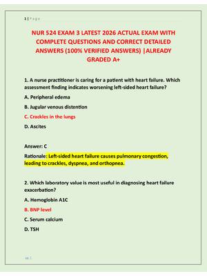 Preview of NUR 524 EXAM 3 LATEST 2026 ACTUAL EXAM WITH  COMPLETE QUESTIONS AND CORRECT DETAILED  ANSW