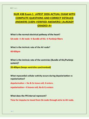 Preview of NUR 438 Exam 1  LATEST 2026 ACTUAL EXAM WITH  COMPLETE QUESTIONS AND CORRECT DETAILED  ANS