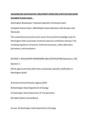 Preview of WASHINGTON WASTEWATER TREATMENT OPERATOR CERTIFICATION EXAM Complete Practice Exam