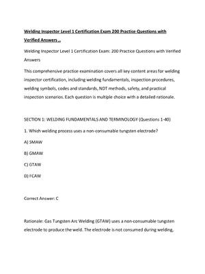 Preview of Welding Inspector Level 1 Certification Exam 200 Practice Questions with Verified Answers