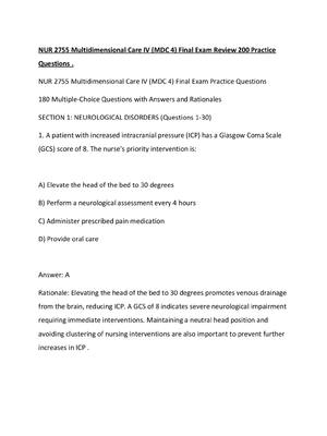 Preview image for NUR 2755 Multidimensional Care IV (MDC 4) Final Exam Review 200 Practice Questions .