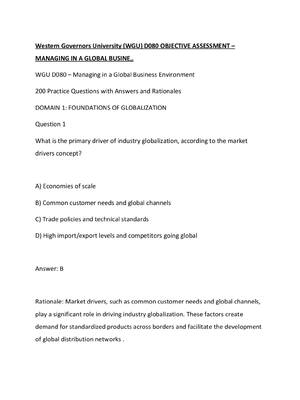 Preview of Western Governors University (WGU) D080 OBJECTIVE ASSESSMENT – MANAGING IN A GLOBAL BUSINE