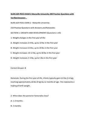 Preview image for NURS 629 PEDS EXAM 2 Maryville University 200 Practice Questions with Verified Answers