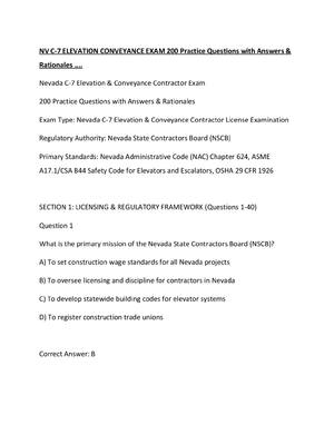 Preview of NV C-7 ELEVATION CONVEYANCE EXAM 200 Practice Questions with Answers & Rationales ....