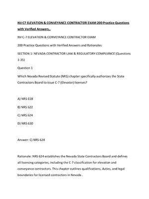 Preview of NV C7 ELEVATION & CONVEYANCE CONTRACTOR EXAM 200 Practice Questions with Verified Answers,