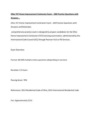 Preview of Ohio 767 Home Improvement Contractor Exam – 200 Practice Questions with Answers ,.