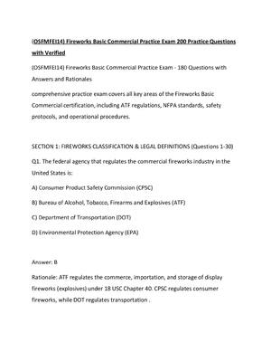 Preview of (OSFMFEI14) Fireworks Basic Commercial Practice Exam 200 Practice Questions with Verified