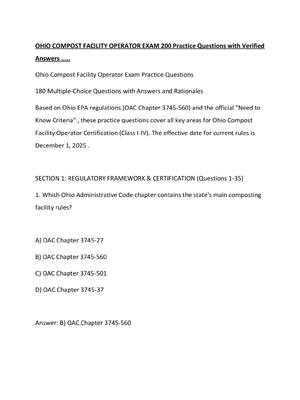 Preview of OHIO COMPOST FACILITY OPERATOR EXAM 200 Practice Questions with Verified Answers