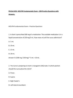 Preview of PN Exit HESI  HESI PN Fundamentals Exam – 200 Practice Questions with Answers,