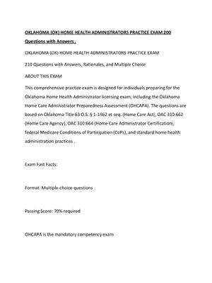 Preview of OKLAHOMA (OK) HOME HEALTH ADMINISTRATORS PRACTICE EXAM 200 Questions with Answers .