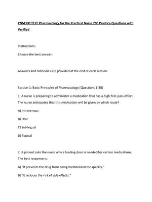 Preview of PNM300 TEST Pharmacology for the Practical Nurse 200 Practice Questions with Verified