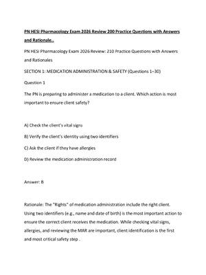 Preview of PN HESI Pharmacology Exam 2026 Review 200 Practice Questions with Answers and Rationale