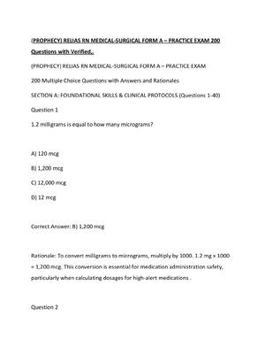 Preview of PROPHECY) RELIAS RN MEDICAL-SURGICAL FORM A – PRACTICE EXAM 200 Questions with Verified,.