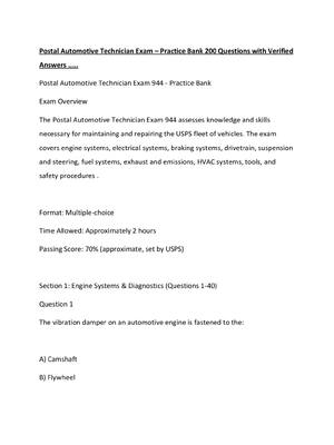 Preview of Postal Automotive Technician Exam – Practice Bank 200 Questions with Verified Answers ....