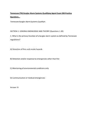 Preview of Tennessee (TN) Burglar Alarm Systems Qualifying Agent Exam 200 Practice Questions...