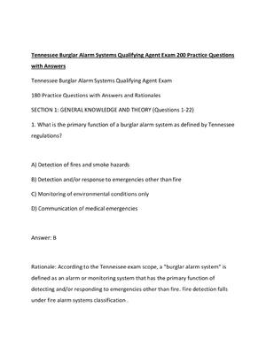 Preview of Tennessee Burglar Alarm Systems Qualifying Agent Exam 200 Practice Questions with Answers