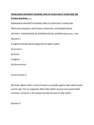 Preview of RASMUSSEN UNIVERSITY NURSING CARE OF OLDER ADULT EXAM 2026 200 Practice Questions